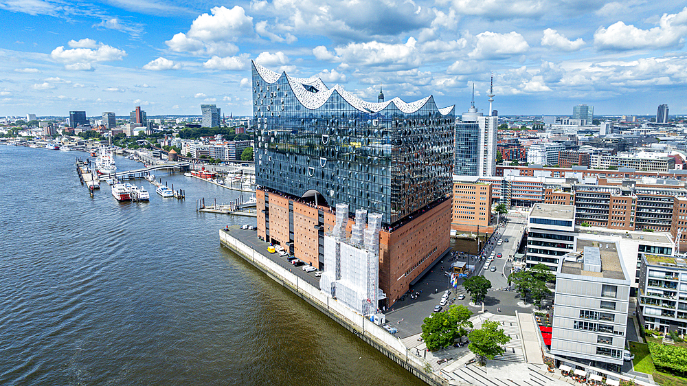 Aerial of the Elbphilamonie the Hamburg opera house building overlooking the city of Hamburg, Germany, Europe