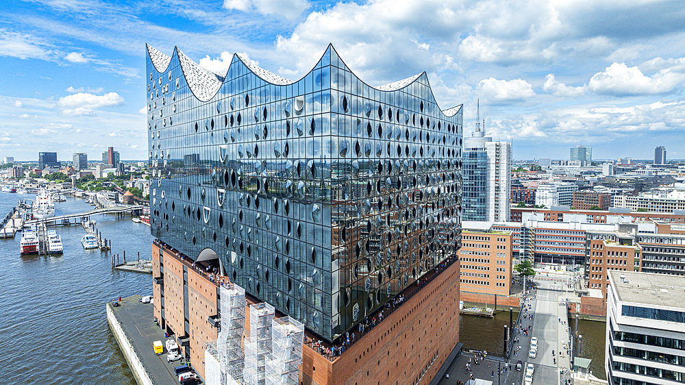 Aerial of the Elbphilamonie the Hamburg opera house building overlooking the city of Hamburg, Germany, Europe