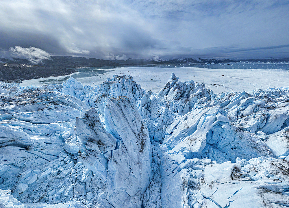 Aerial of the Eqi glacier, Western Greenland, Denmark, Polar Regions