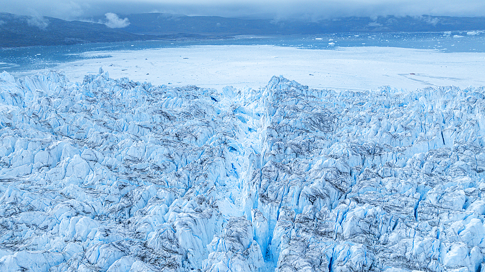 Aerial of the Eqi glacier, Western Greenland, Denmark, Polar Regions