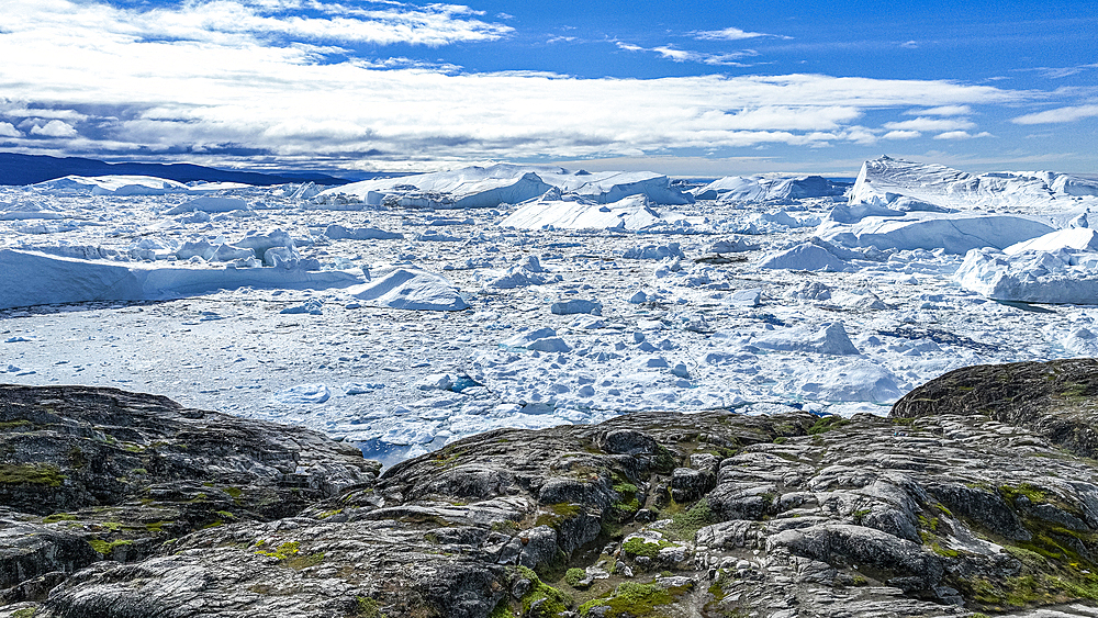 Aerial of the Ilulissat Icefjord, UNESCO World Heritage Site, Western Greenland, Denmark, Polar Regions