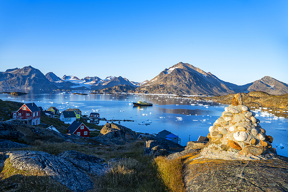 Fishing trawler in the mountainous fjord, Kulusuk, Greenland, Denmark, Polar Regions