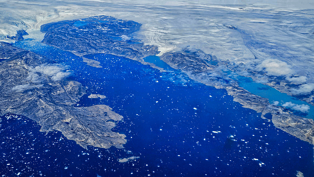 Aerial of the mountainous coastline around Kulusuk, Greenland, Polar Regions