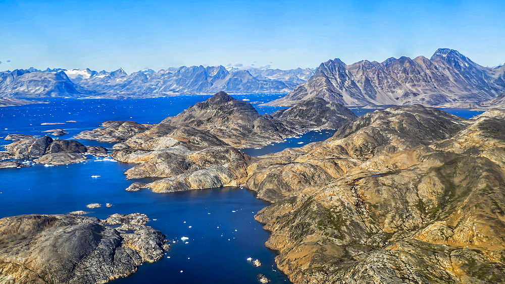 Aerial of the mountainous coastline around Kulusuk, Greenland, Polar Regions