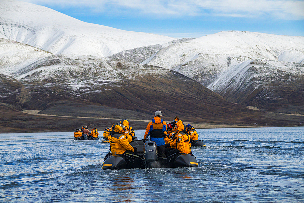 Expedition zodiacs, Axel Heiberg island, Nunavut, Canadian Arctic, Canada, North America