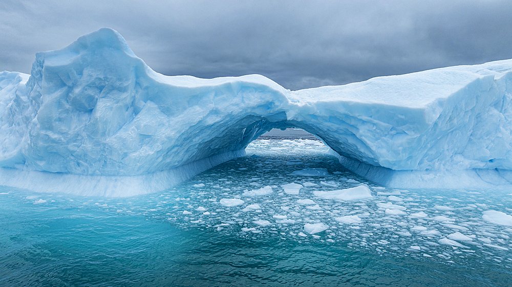 Aerial of an ice arch in the Nuuk Icefjord, Western Greenland, Denmark, Polar Regions