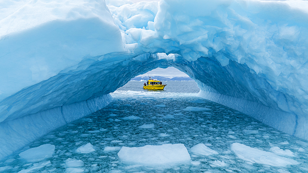 Aerial of an ice arch in the Nuuk Icefjord, Western Greenland, Denmark, Polar Regions