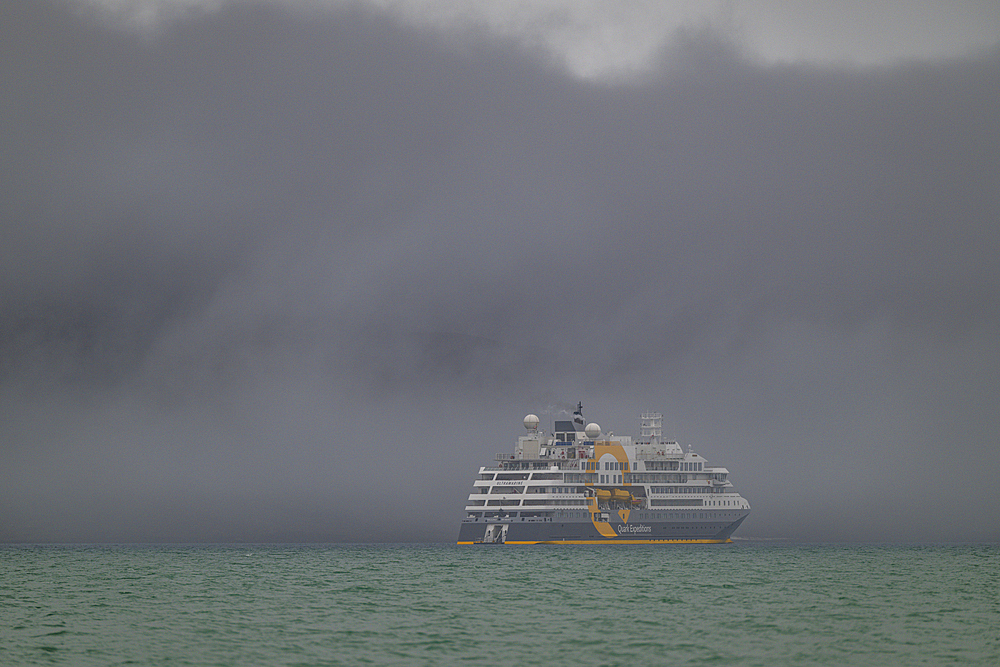 Icebreaker in the fog, Dunes harbour, Devon island, Nunavut, Canadian Arctic, Canada, North America