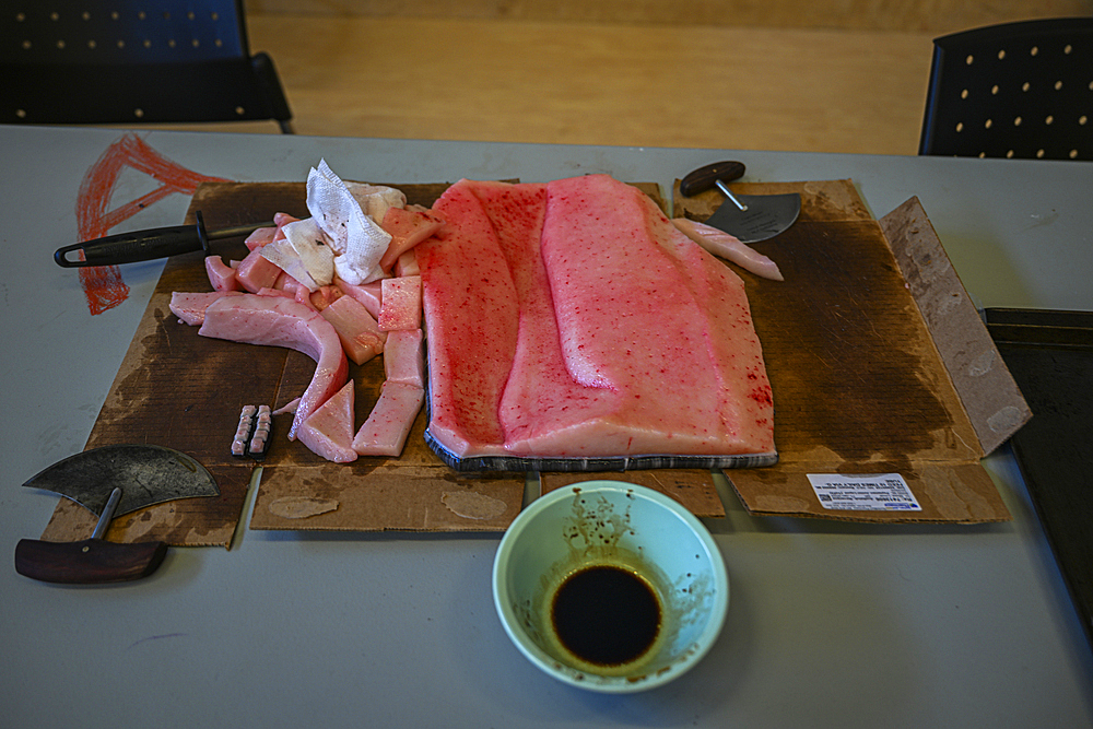 Raw whale meat, Grise Fjord, most northern community in America, Nunavut, Canadian Arctic, Canada, North America