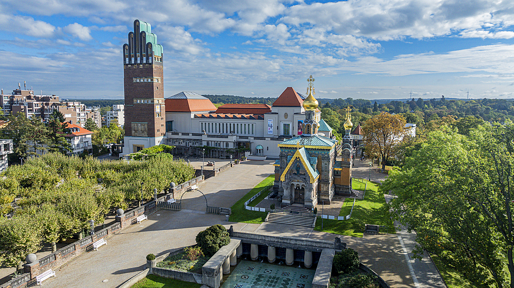 Aerial of Matthildenhoehe, UNESCO World Heritage Site, Darmstadt, Hesse, Germany, Europe