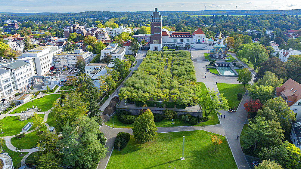 Aerial of Matthildenhoehe, UNESCO World Heritage Site, Darmstadt, Hesse, Germany, Europe