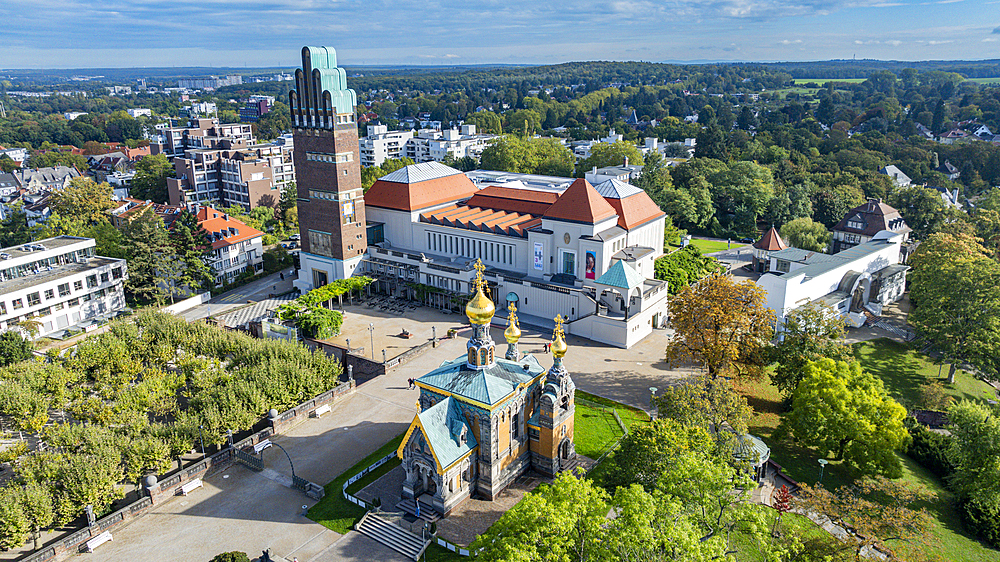 Aerial of Matthildenhoehe, UNESCO World Heritage Site, Darmstadt, Hesse, Germany, Europe