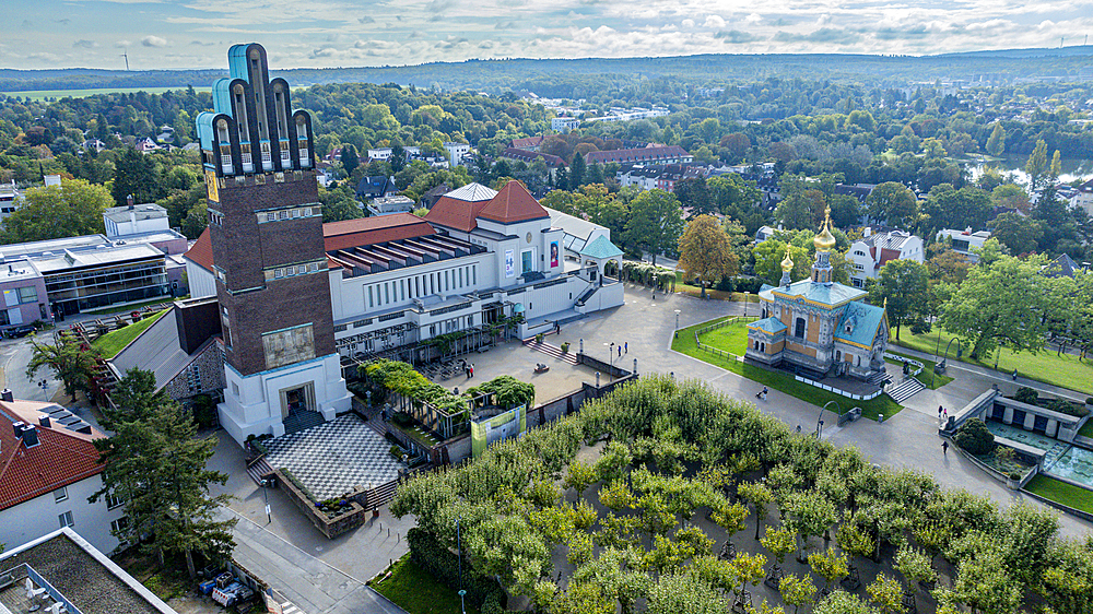 Aerial of Matthildenhoehe, UNESCO World Heritage Site, Darmstadt, Hesse, Germany, Europe