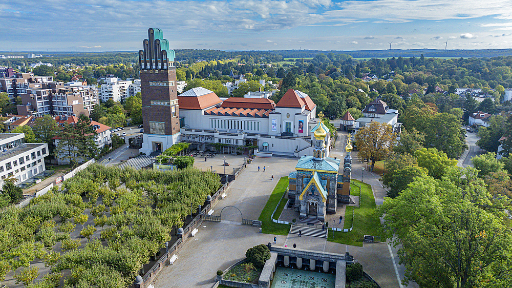 Aerial of Matthildenhoehe, UNESCO World Heritage Site, Darmstadt, Hesse, Germany, Europe