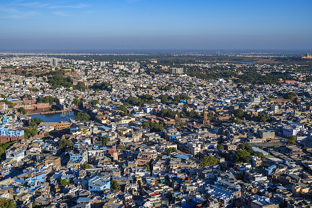 Overlook over the blue city from Mehrangarh fort, Jodhpur, Rajasthan, India