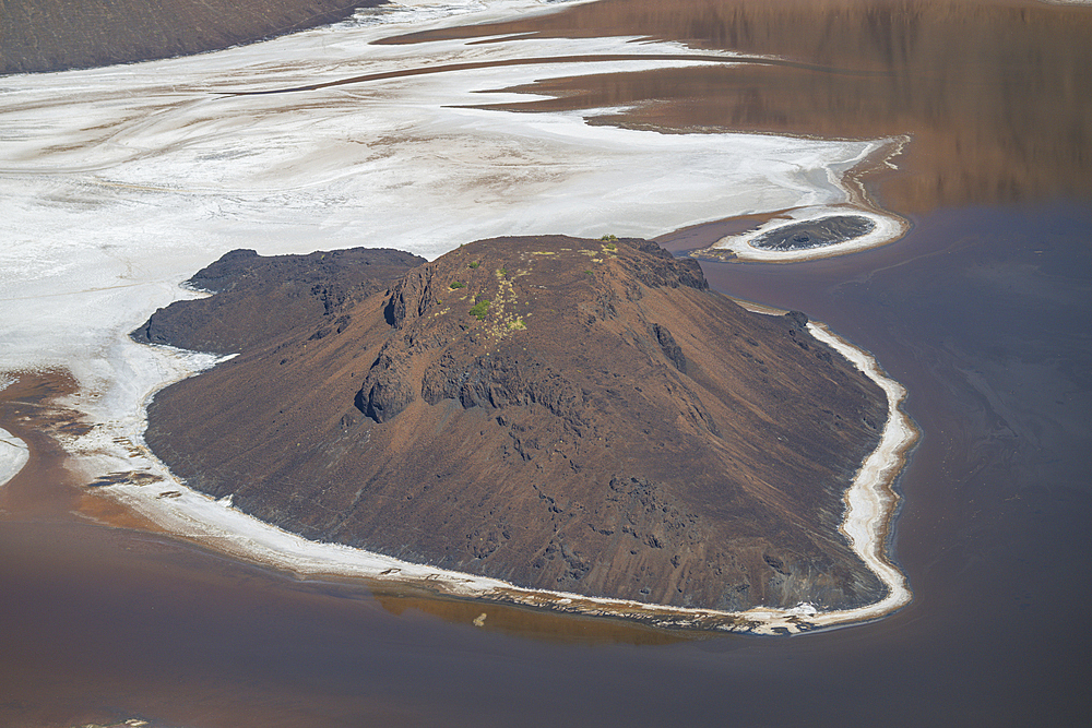 Aerial of the Trou du Natron volcanic crater and its natron lakes, Tibesti Mountains, Chad, Africa