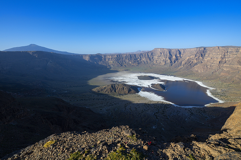 Aerial of the Trou du Natron volcanic crater and its natron lakes, Tibesti Mountains, Chad, Africa