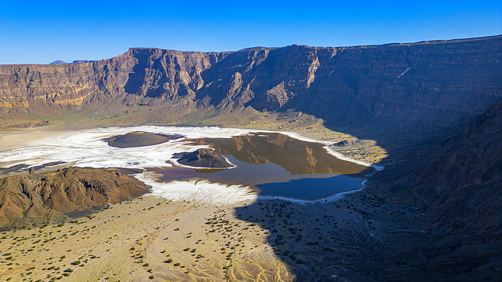 Aerial of the Trou du Natron volcanic crater and its natron lakes, Tibesti Mountains, Chad, Africa