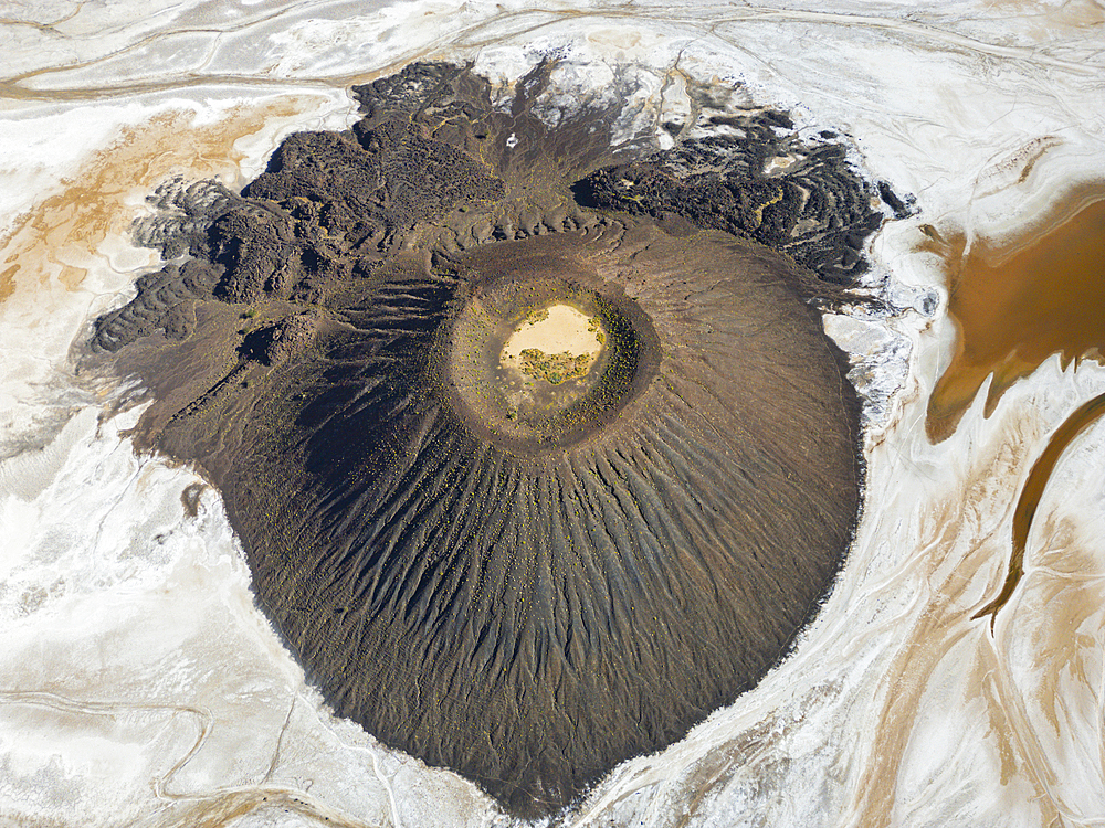 Aerial of the Trou du Natron volcanic crater and its natron lakes, Tibesti Mountains, Chad, Africa