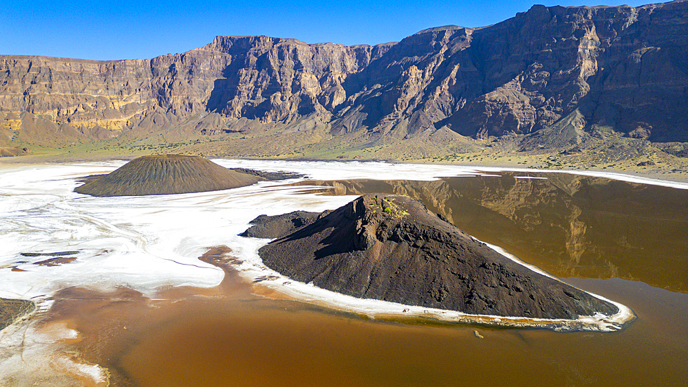 Aerial of the Trou du Natron volcanic crater and its natron lakes, Tibesti Mountains, Chad, Africa