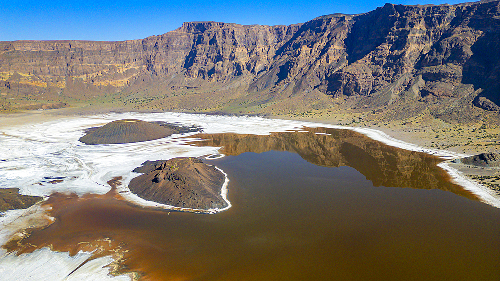 Aerial of the Trou du Natron volcanic crater and its natron lakes, Tibesti Mountains, Chad, Africa