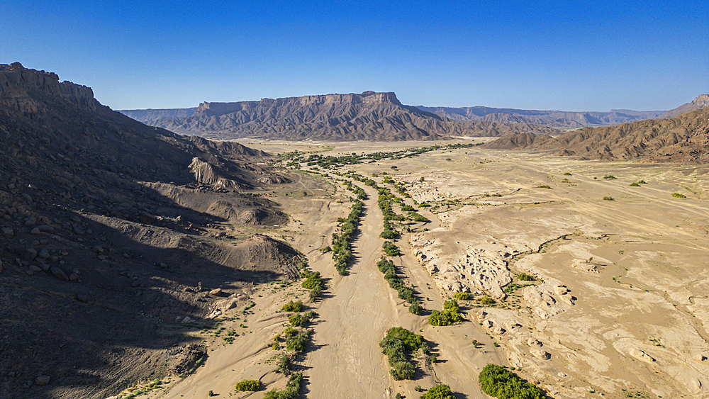 Aerial of the rocky mountains around Zouar, Tibesti Mountains, Chad, Africa