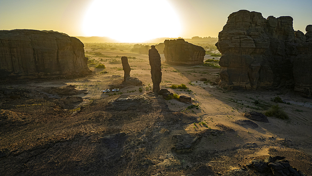 Aerial of beautiful rock formations at sunset around Zouar, Tibesti Mountains, Chad, Africa