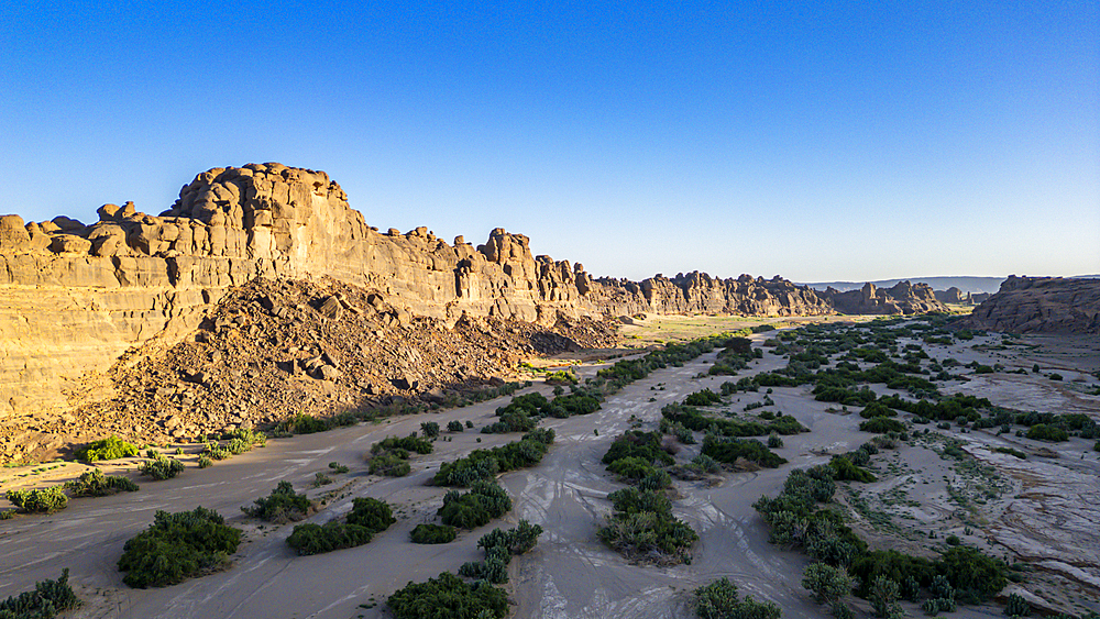 Aerial of the rocky mountains around Zouar, Tibesti Mountains, Chad, Africa