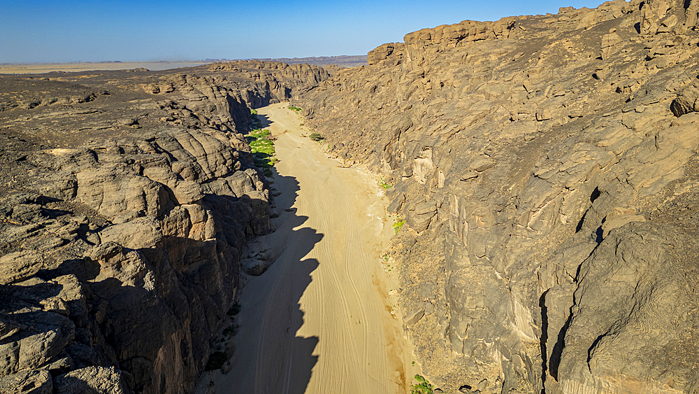 Aerial of the rocky mountains around Zouar, Tibesti Mountains, Chad, Africa