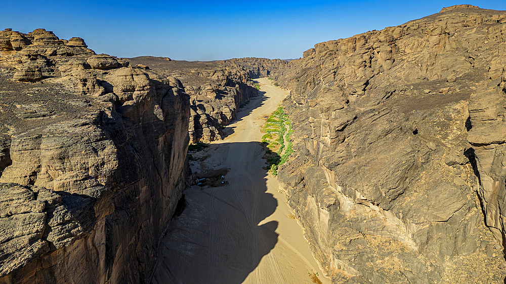 Aerial of the rocky mountains around Zouar, Tibesti Mountains, Chad, Africa