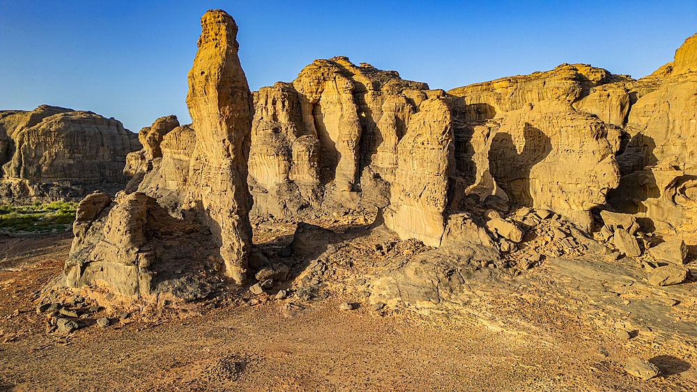 Aerial of beautiful rock formations around Zouar, Tibesti Mountains, Chad, Africa