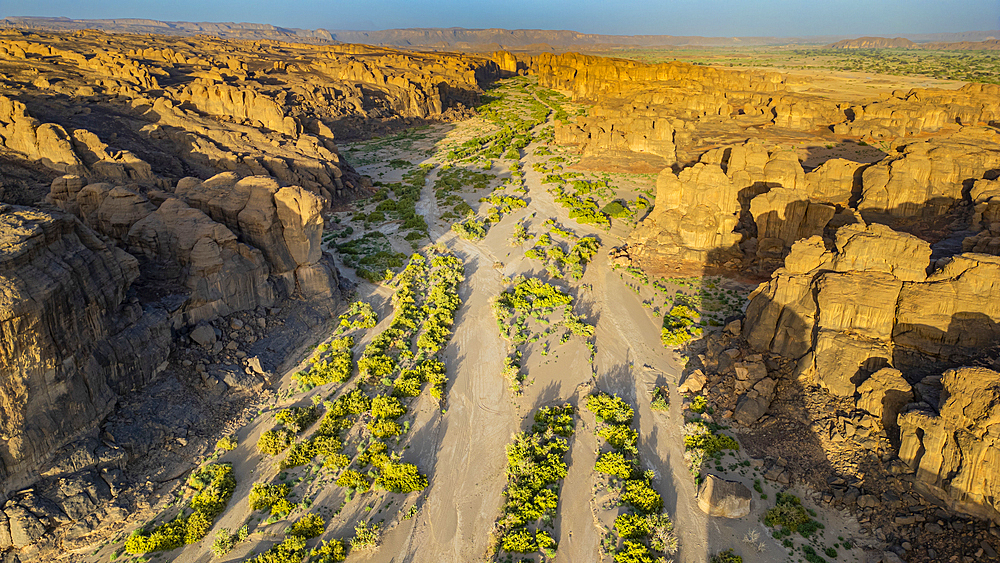 Aerial of beautiful rock formations around Zouar, Tibesti Mountains, Chad, Africa