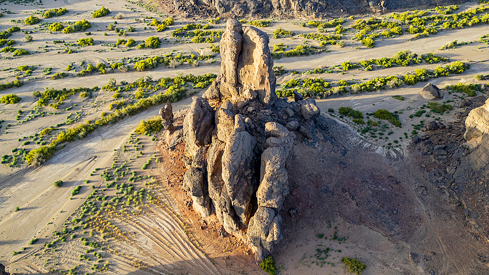 Aerial of beautiful rock formations around Zouar, Tibesti Mountains, Chad, Africa