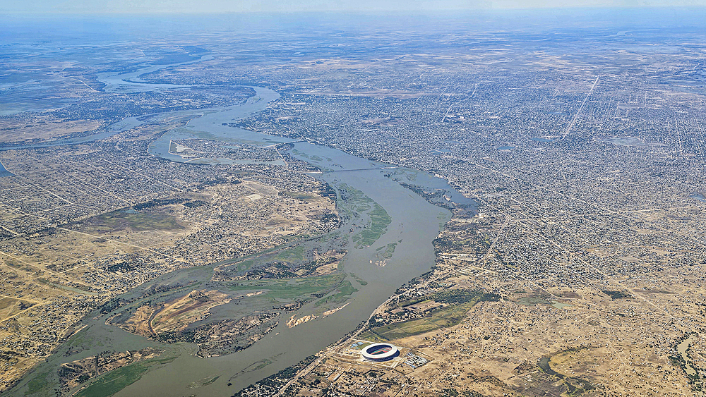 Aerial of N´Djamena capital of Chad and the Chari river, Chad, Africa