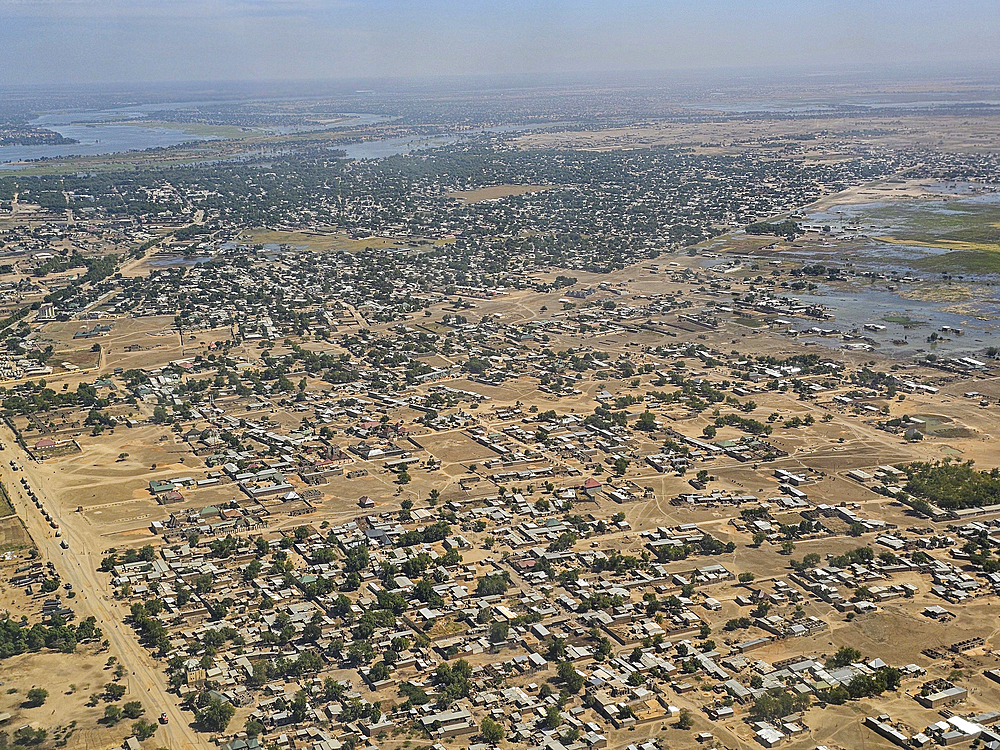 Aerial of N´Djamena capital of Chad and the Chari river, Chad, Africa