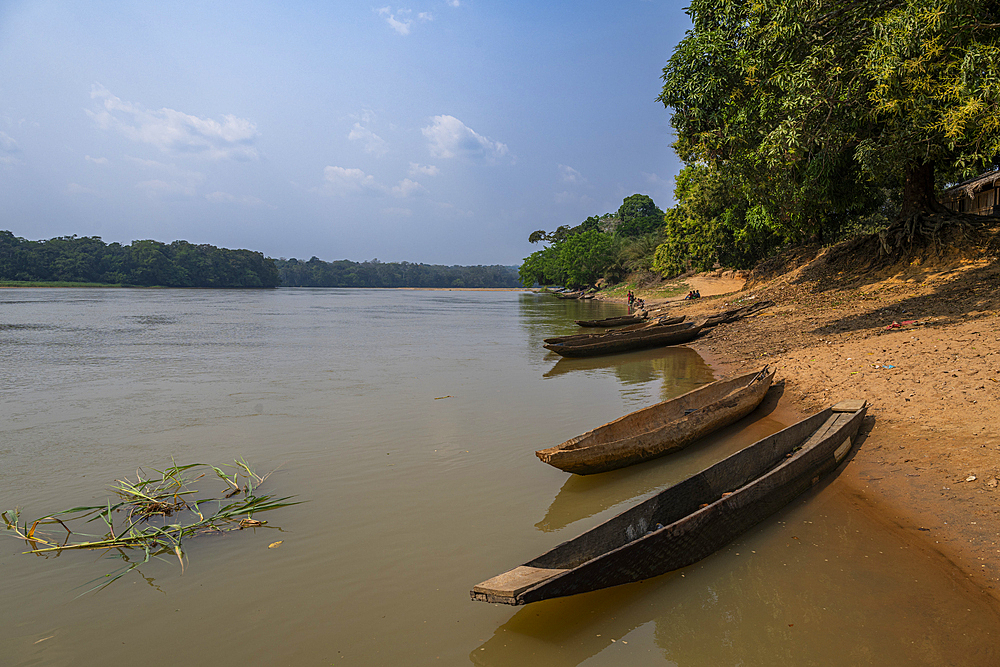 Anchoring boats, Sangha River, Unesco site Dzanga Sangha National Park, Central African Republic