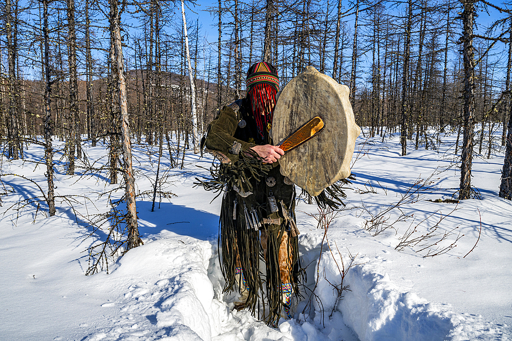 Traditional dressed Shaman, Tura, Krasnoyarsk Krai, Evenki state, Russia