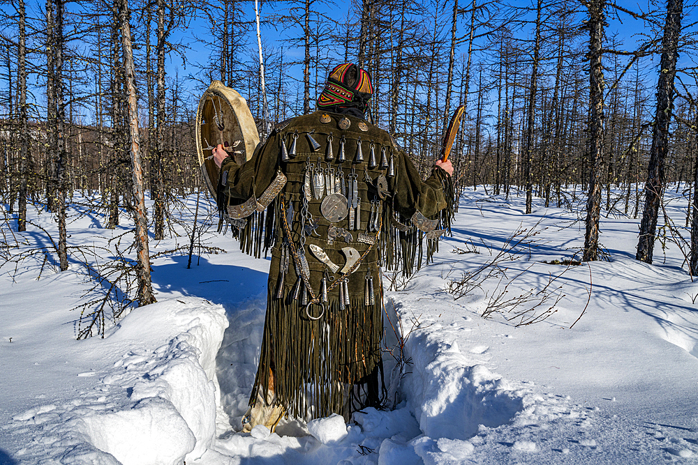 Traditional dressed Shaman, Tura, Krasnoyarsk Krai, Evenki state, Russia