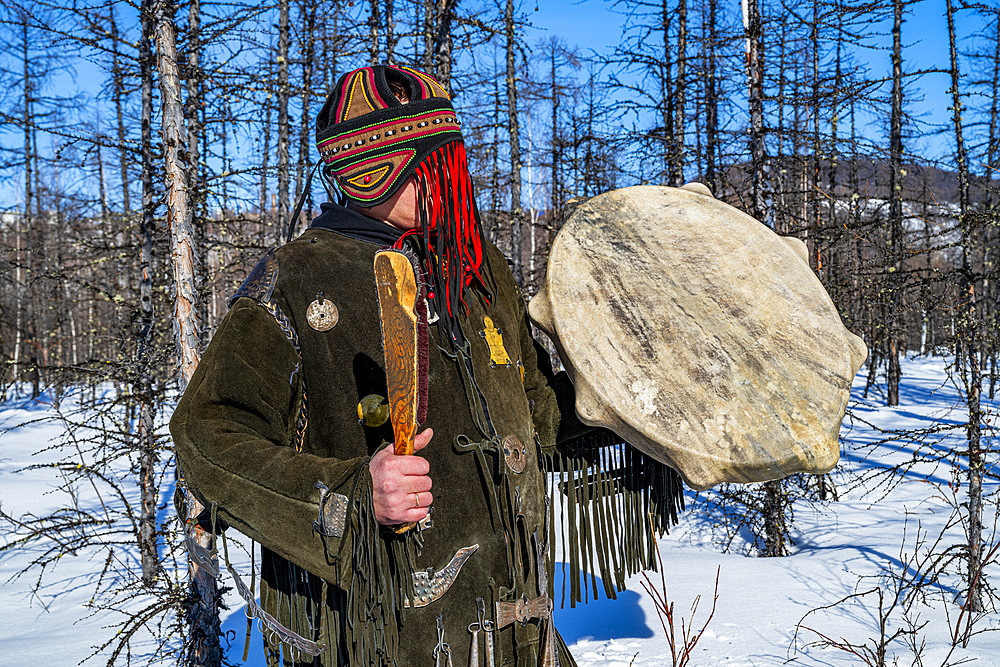 Traditional dressed Shaman, Tura, Krasnoyarsk Krai, Evenki state, Russia