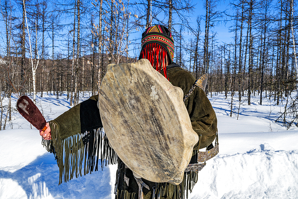 Traditional dressed Shaman, Tura, Krasnoyarsk Krai, Evenki state, Russia