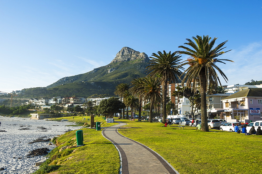 Waterfront of Camps Bay with the Lions Head in the background, suburb of Cape Town, South Africa, Africa