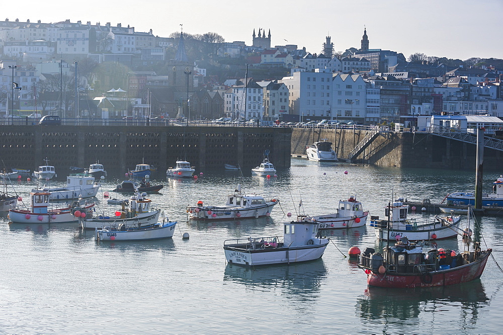 Little fishing boats in the harbour of Saint Peter Port, Guernsey, Channel Islands, United Kingdom, Europe 