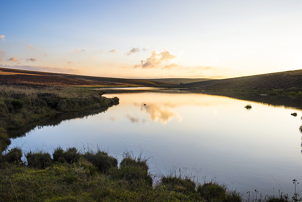 Clouds reflecting in a little lake at sunset, Nyika National Park, Malawi, Africa