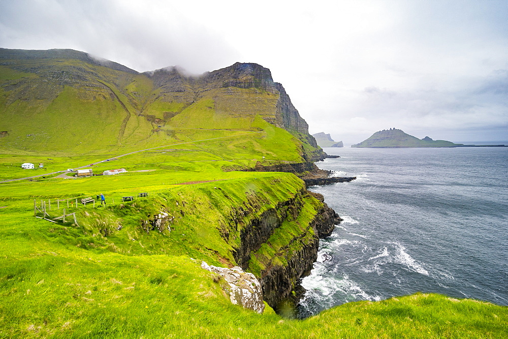 Huge cliffs in Gasadalur, Vagar, Faroe islands, Denmark