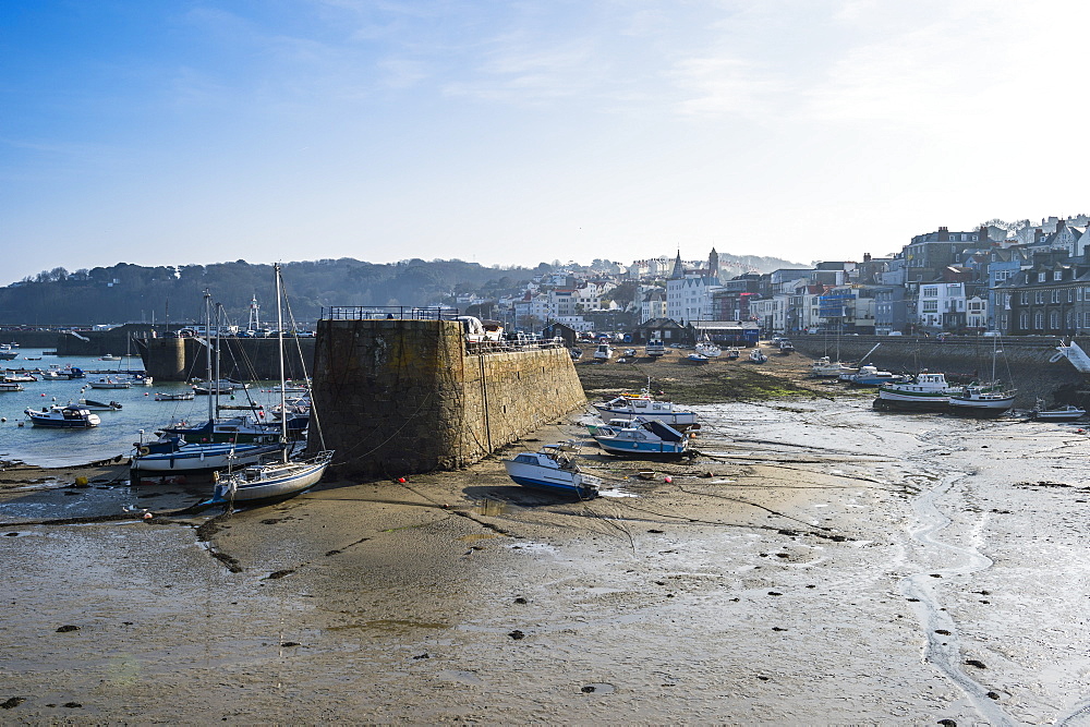 View over the sea front of Saint Peter Port, Guernsey, Channel Islands, United Kingdom, Europe 