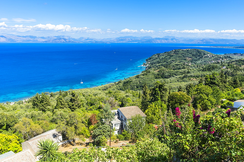 View over the coastline from the mountain village of Chlomos, Corfu, Ionian Islands, Greek Islands, Greece, Europe