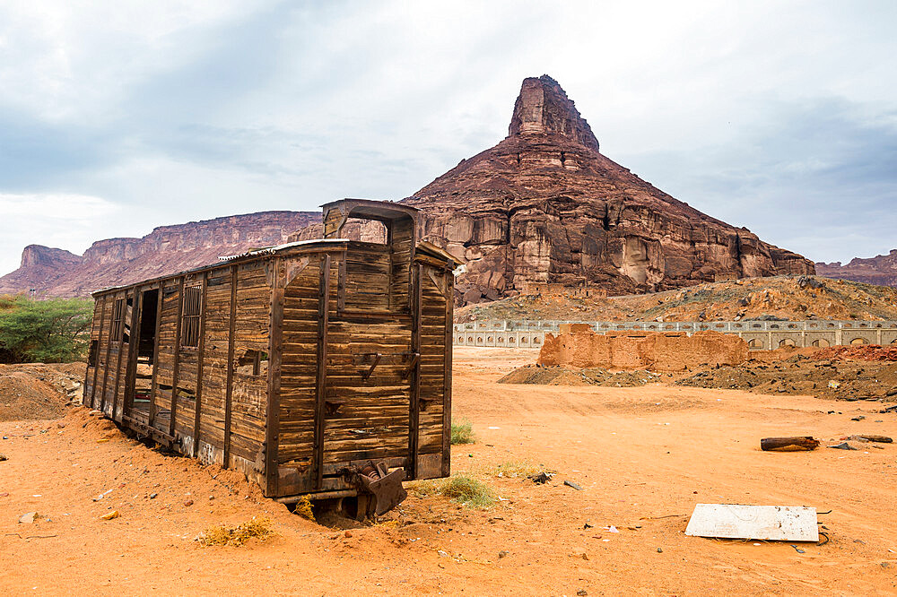 Old wagon in the sand, Hijaz railway station, Al Ula, Saudi Arabia, Middle East