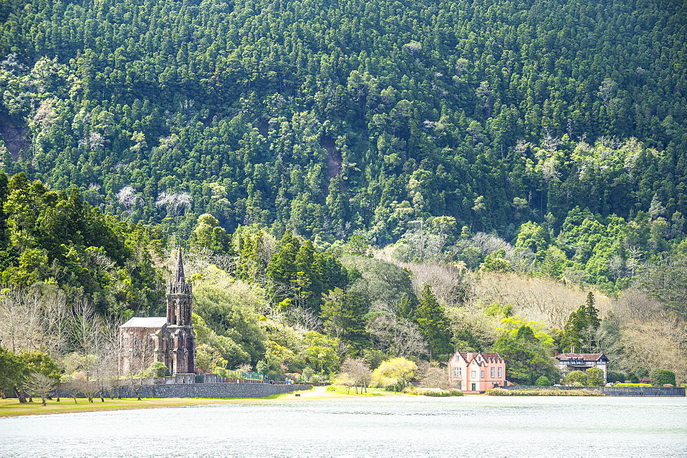 Church on Furnas Lake, Island of Sao Miguel, Azores, Portugal, Atlantic, Europe