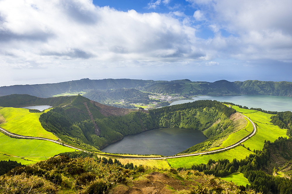 View over the Sete Cidades crater, Island of Sao Miguel, Azores, Portugal, Atlantic, Europe