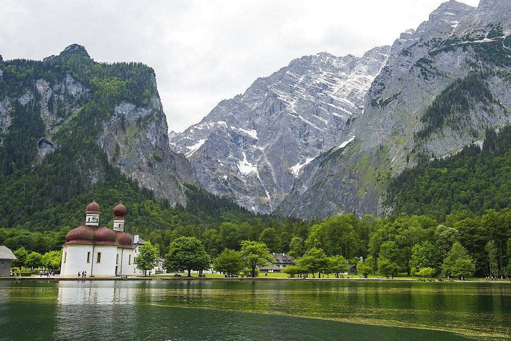 Mount Watzmann behind St. Bartholomew's Church, Koenigssee, Berchtesgaden, Bavaria, Germany, Europe